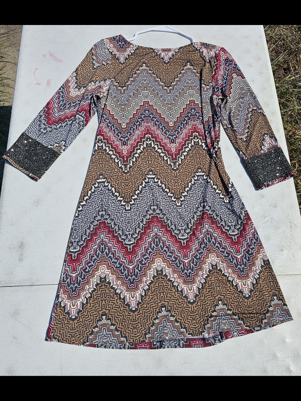 Veronica M Retro Pink Brown Zig Zag Dress Glitter Trim Medium